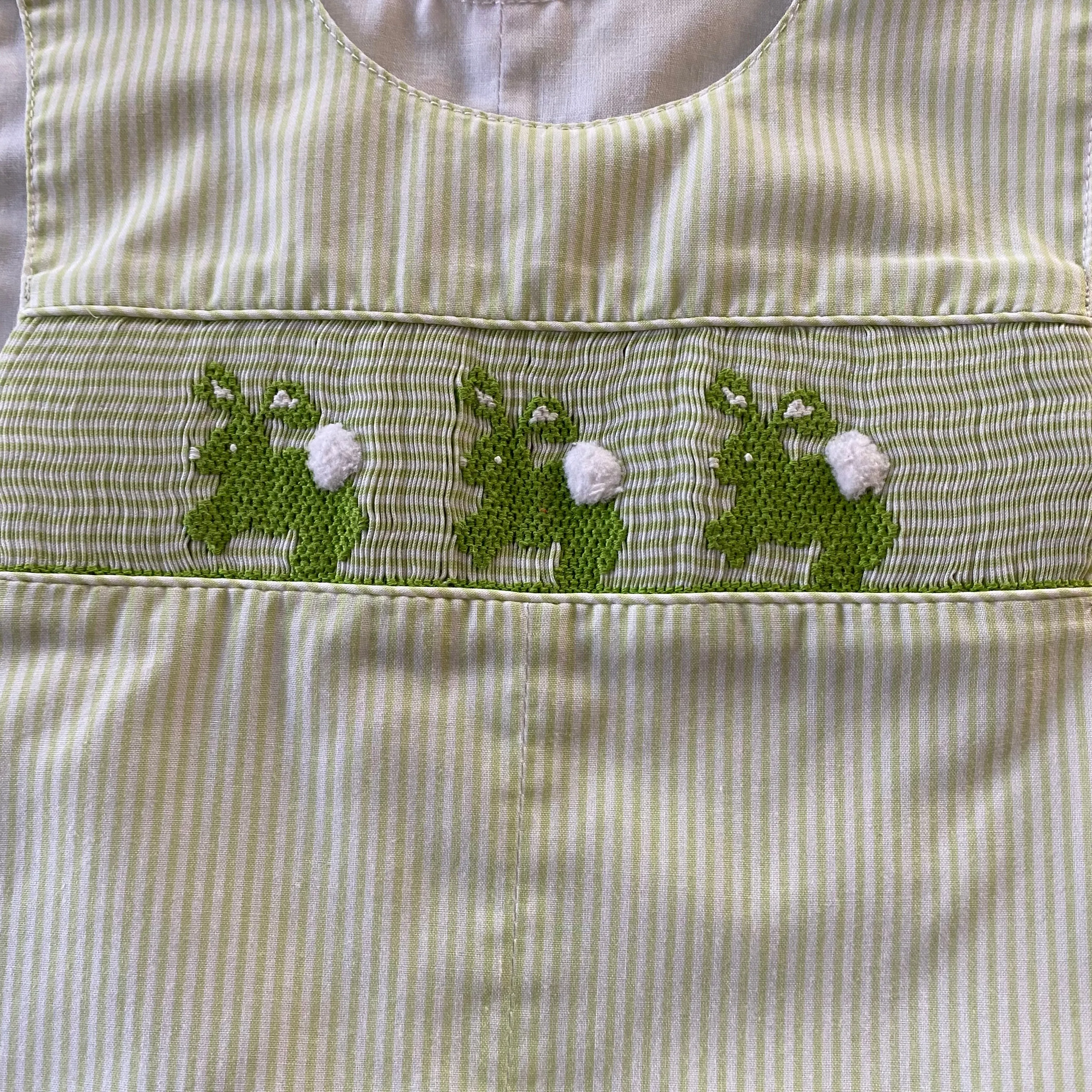 Amanda Remembered Green Striped Bunny Smocked Shortall Romper