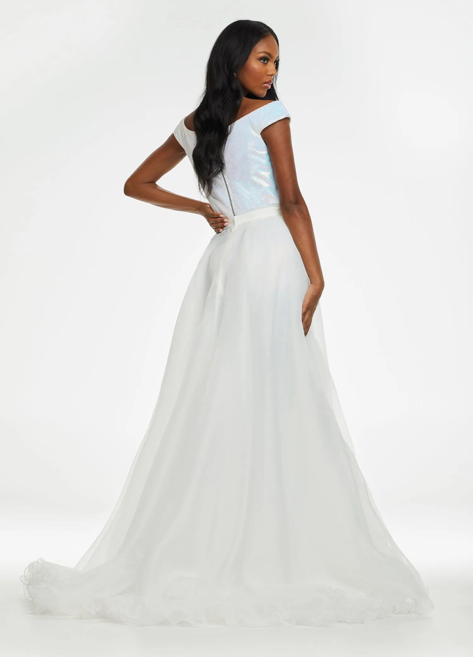 Ashley Lauren 1740 Size 6,10 Ivory Long Organza Pageant Overskirt Wire Hem Layered Train Detachable