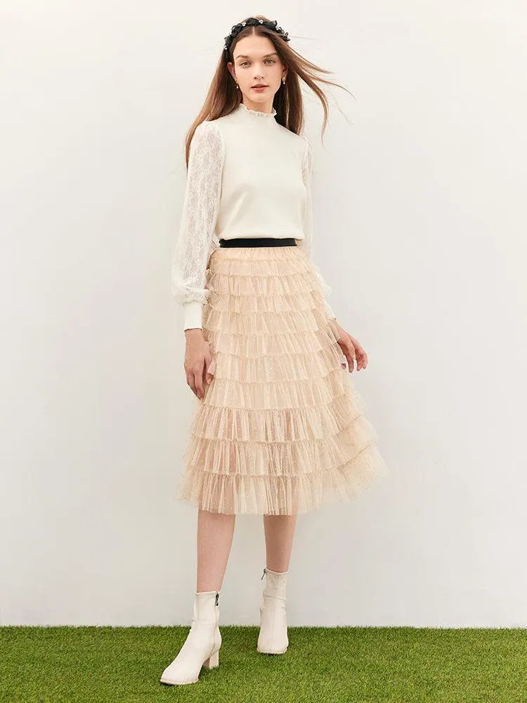 Beige Mesh Layered Skirt