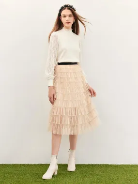 Beige Mesh Layered Skirt