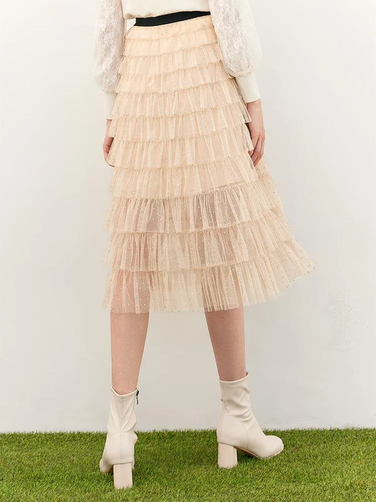 Beige Mesh Layered Skirt
