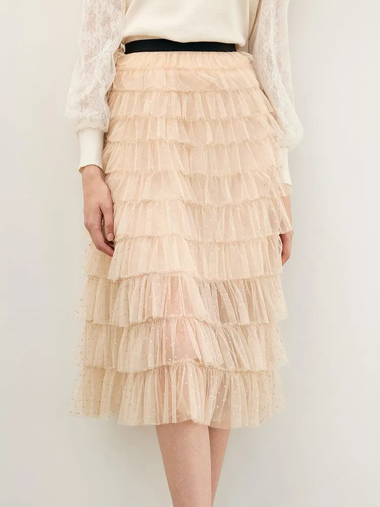 Beige Mesh Layered Skirt