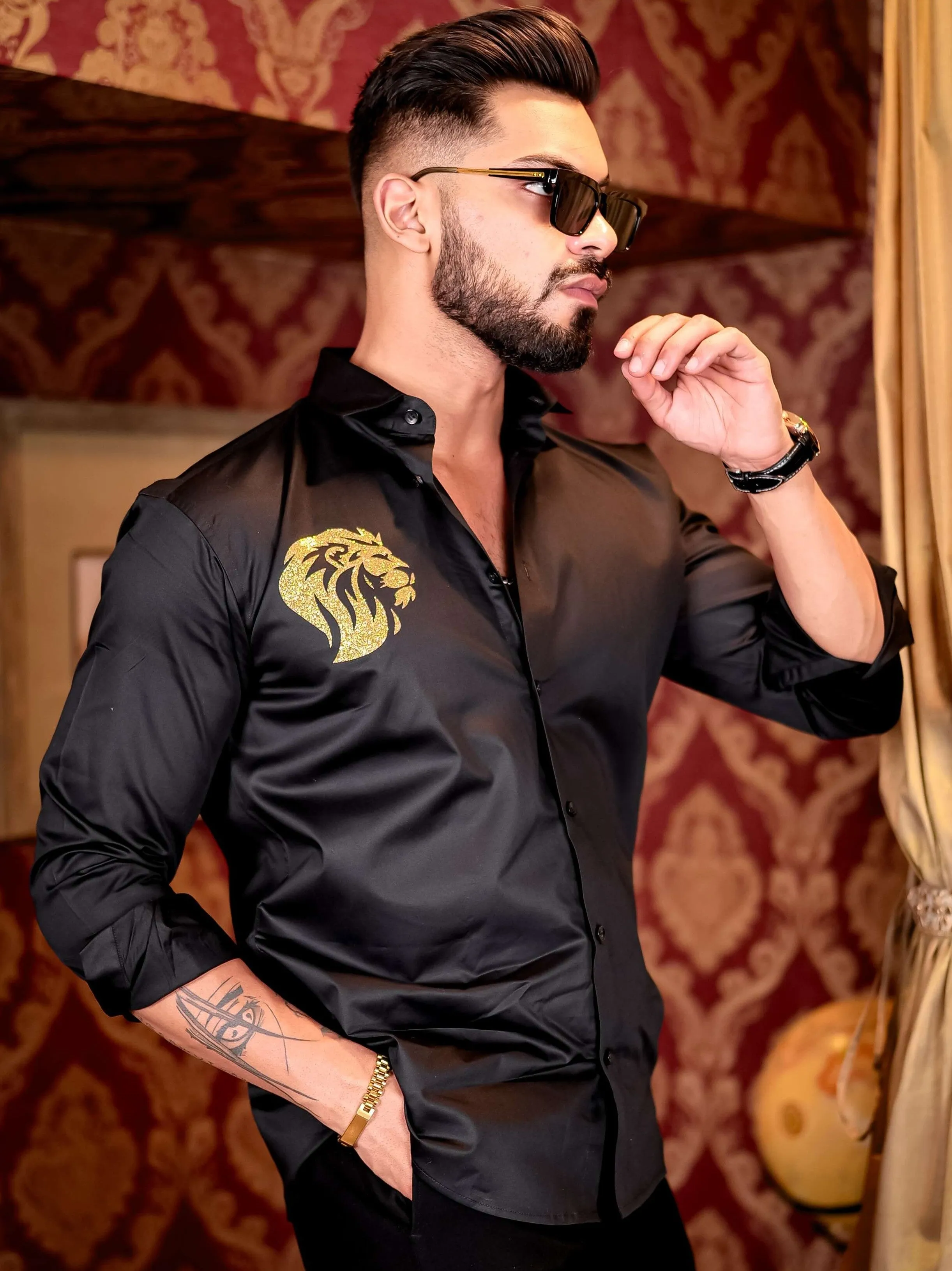 Black Club Wear Lion Printed Satin Cotton Shirt