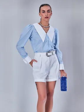 Blue Check Crop Shirt with White Collar
