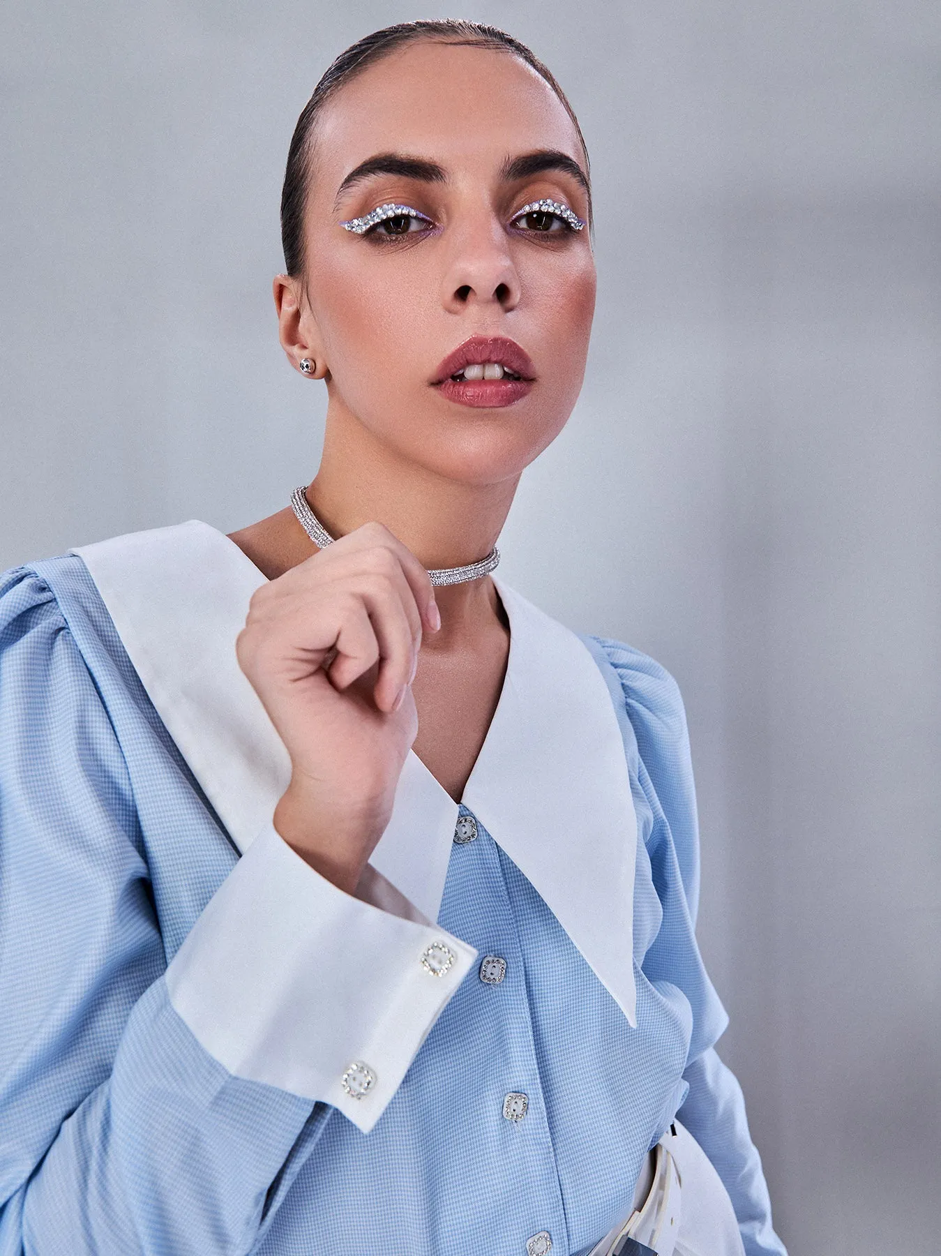 Blue Check Crop Shirt with White Collar