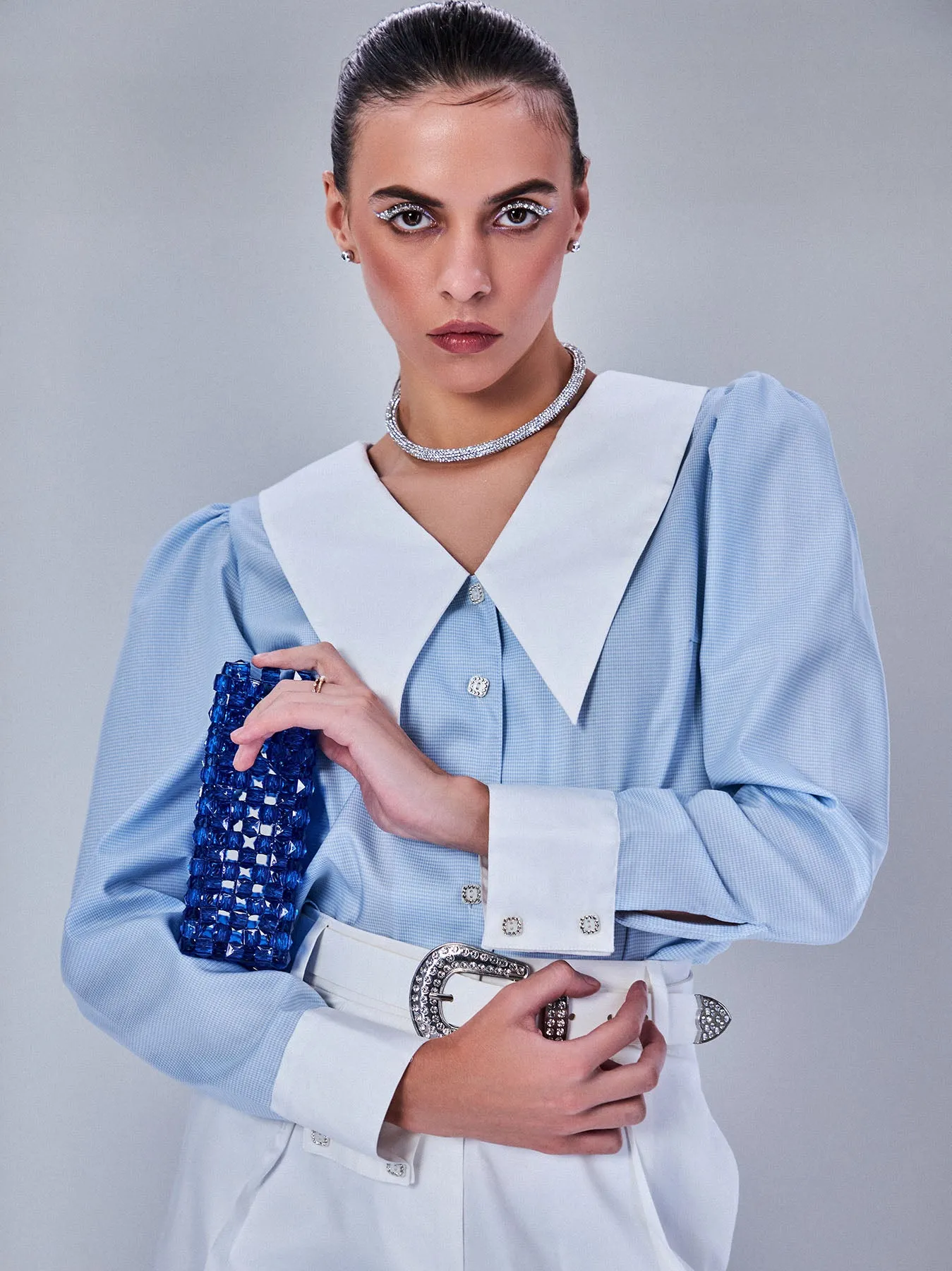 Blue Check Crop Shirt with White Collar