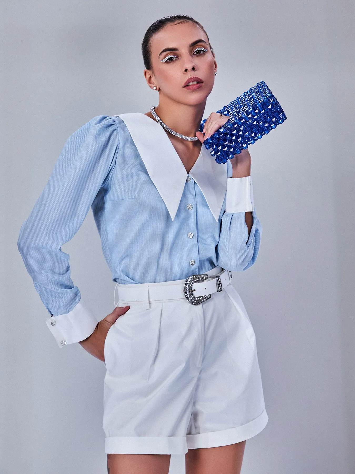 Blue Check Crop Shirt with White Collar