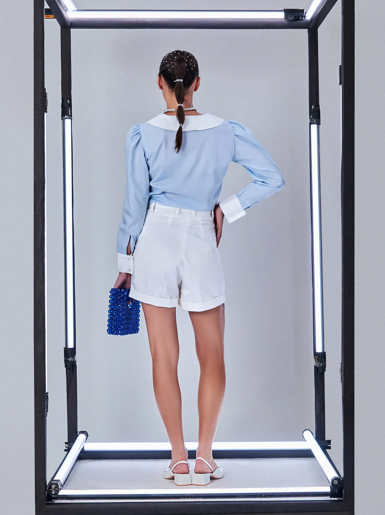 Blue Check Crop Shirt with White Collar