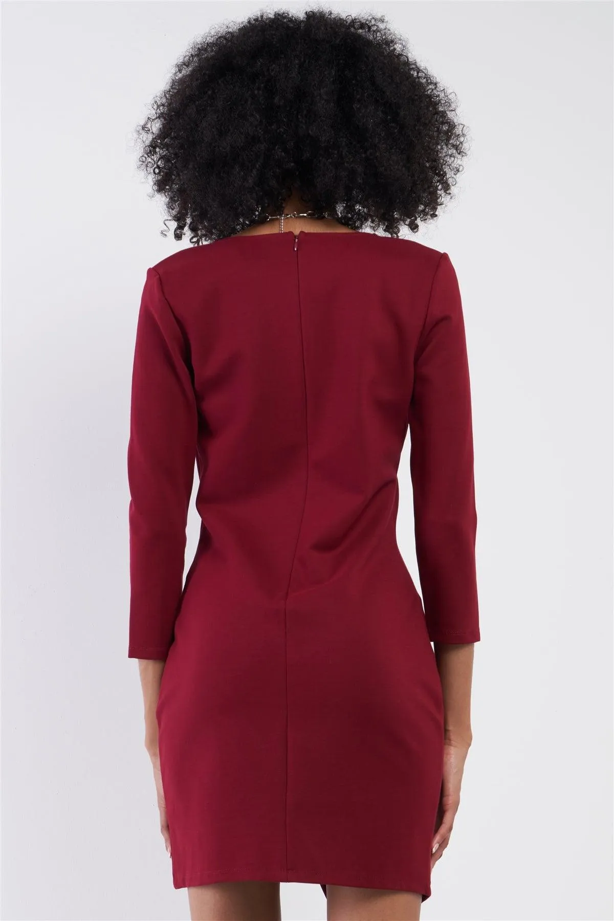 Burgundy Red Midi Sleeve Asymmetrical Hem V-Neck Neck Fitted Mini Dress /1-3-3