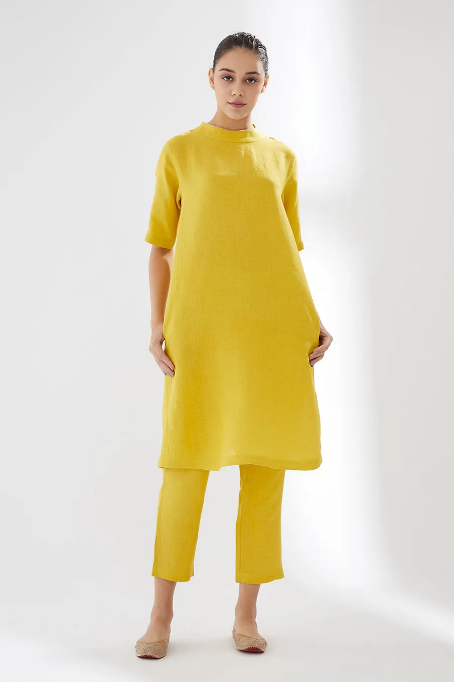 Canary Yellow Linen Kurta & Pants Set