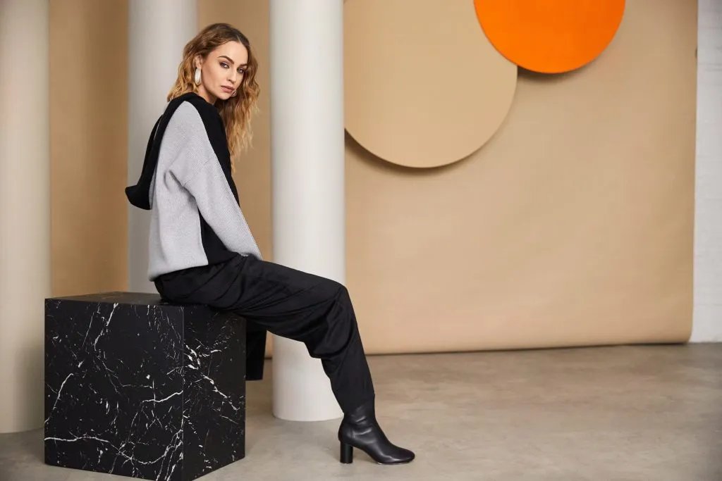 Cord Wide Leg Trouser with Front Patch Pocket in Black