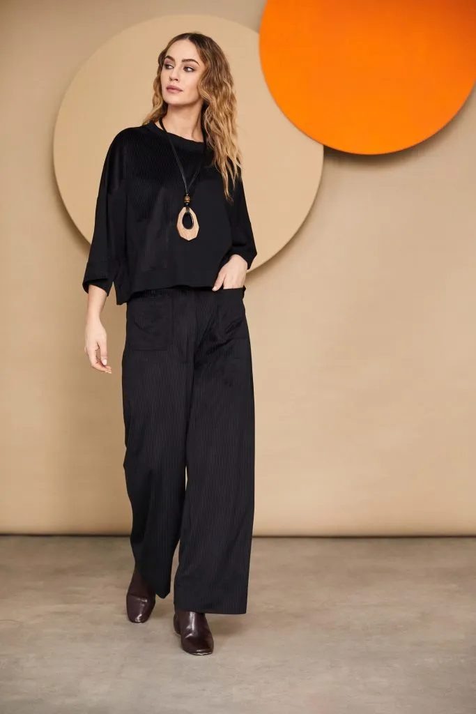 Cord Wide Leg Trouser with Front Patch Pocket in Black