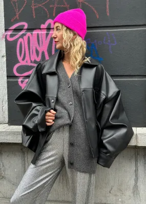 CROPPED FAUX LEATHER JACKET | BLACK
