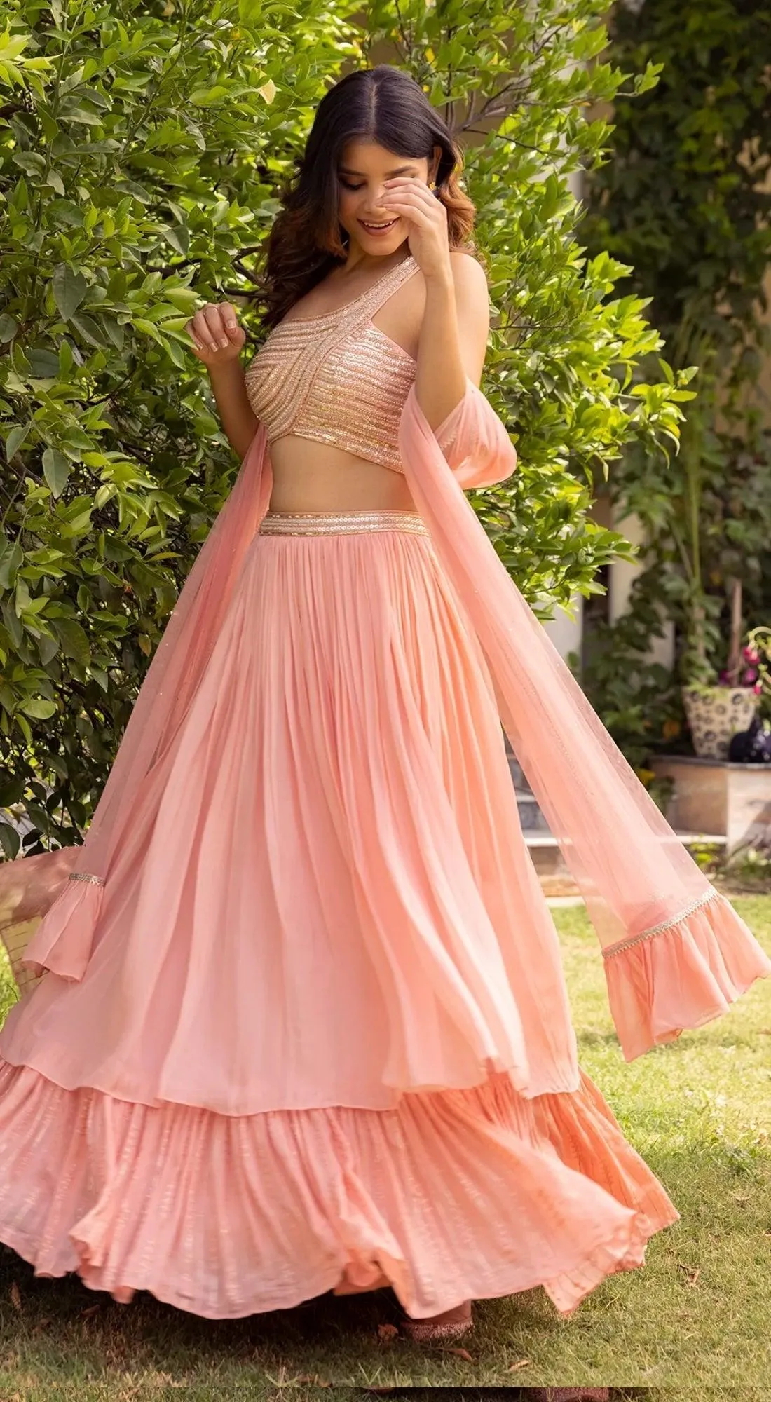 Cut Out Blouse With Layered Lehenga Set