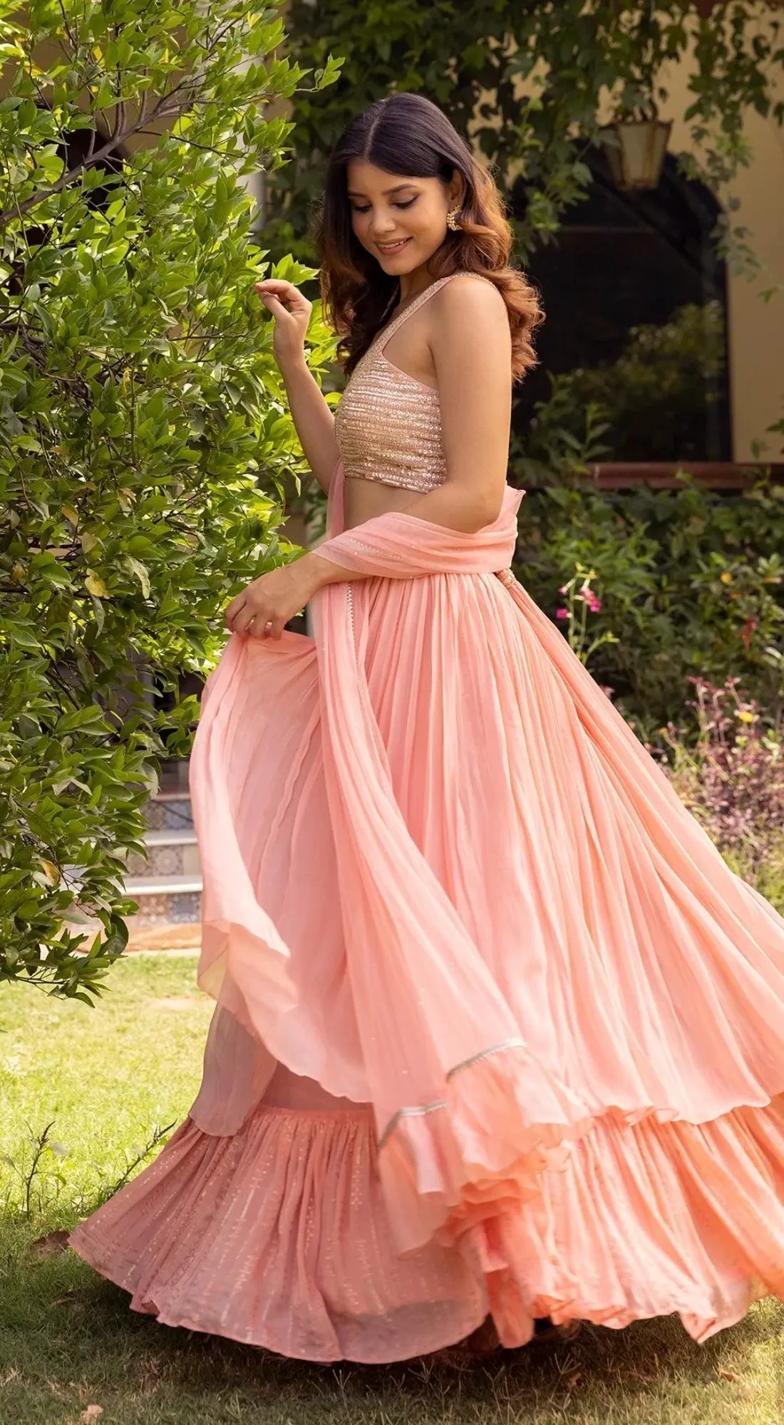 Cut Out Blouse With Layered Lehenga Set