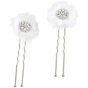 David Tutera Bridal Hair Pins: Silver Flower w/Rhinestones & Netting, 2 pieces