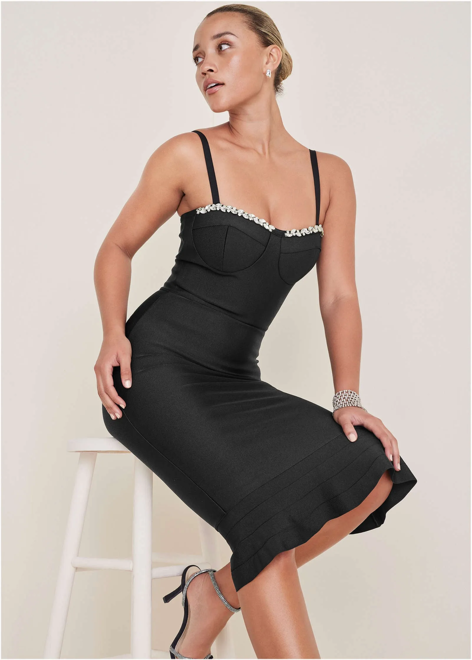 Embellished Bodycon Dress  - Black