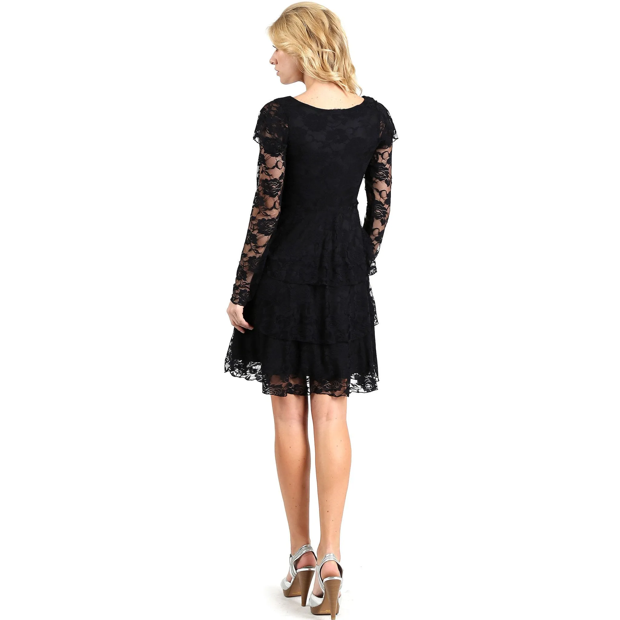Evanese Women's Elegant Lace Cocktail Tiered Short Skirt Dress with Long Sleeves