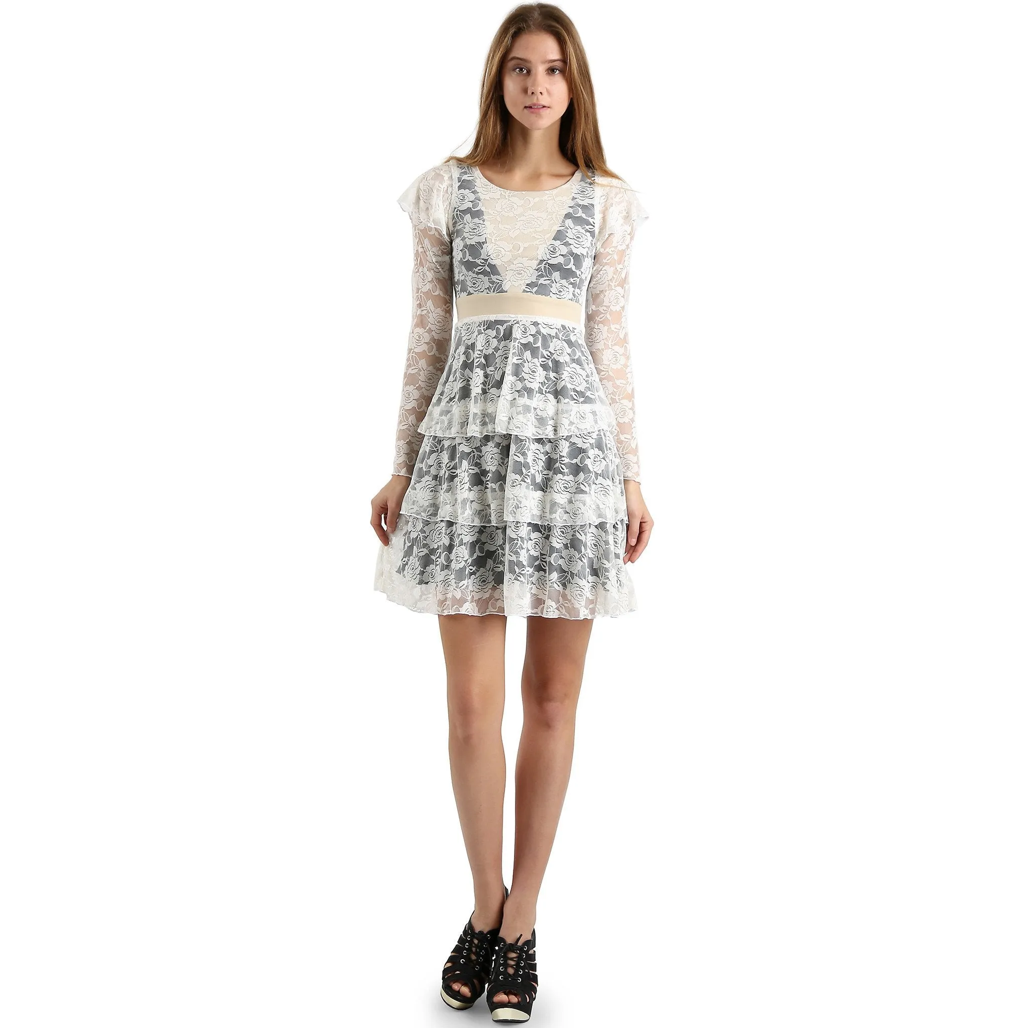 Evanese Women's Elegant Lace Cocktail Tiered Short Skirt Dress with Long Sleeves