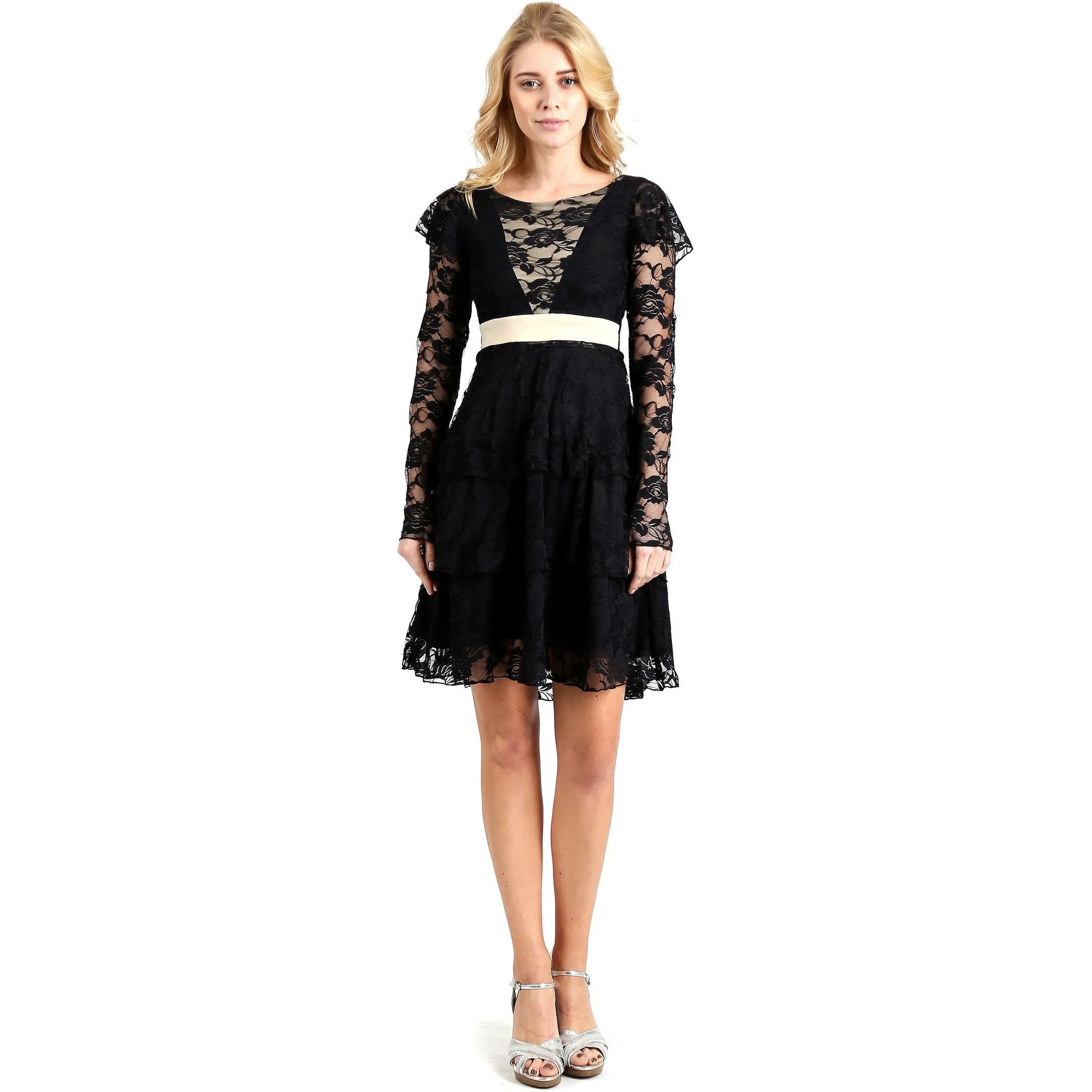 Evanese Women's Elegant Lace Cocktail Tiered Short Skirt Dress with Long Sleeves