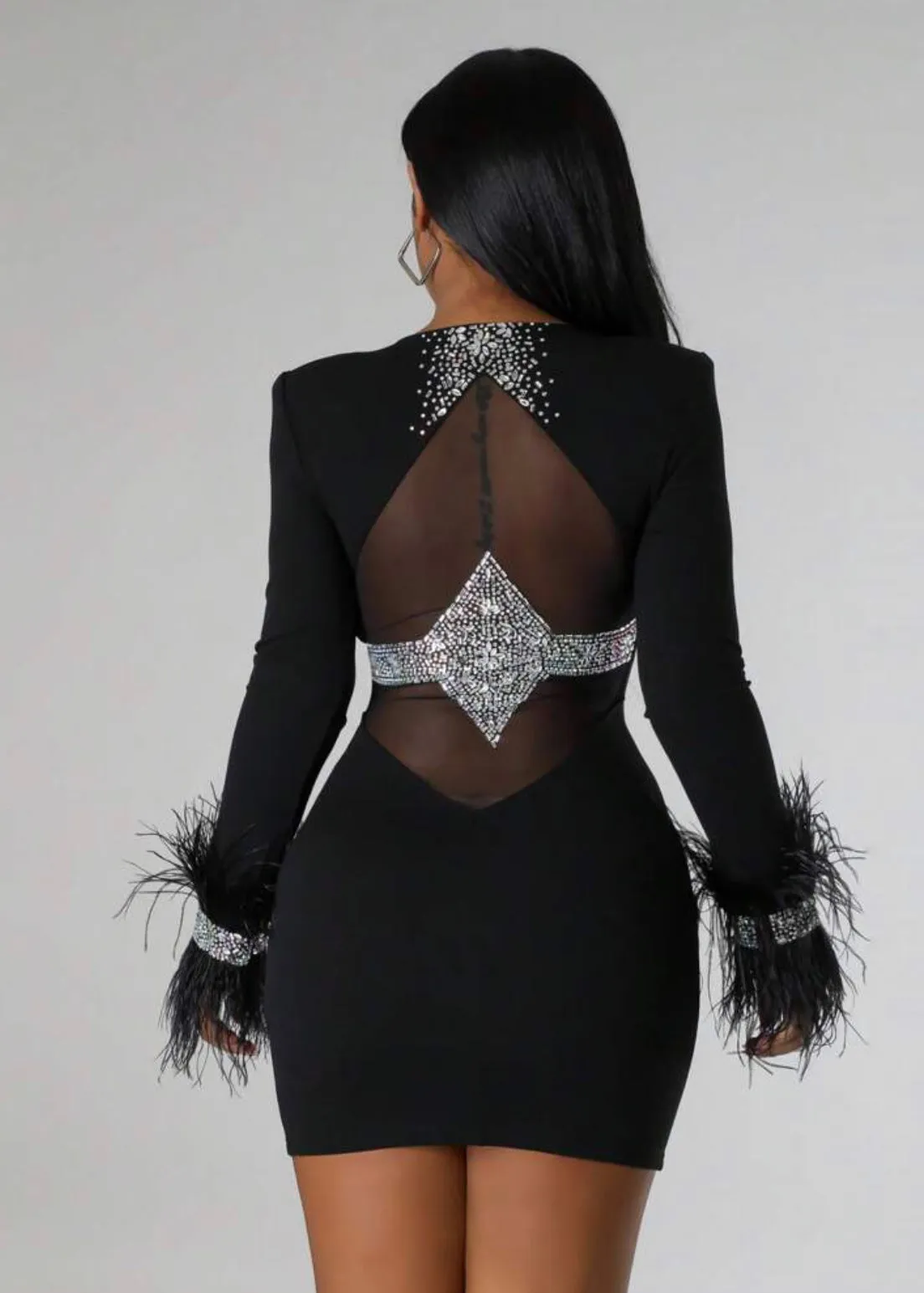 Feather Cuff Rhinestone Decor Bodycon Mini Dress