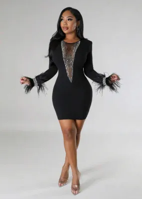 Feather Cuff Rhinestone Decor Bodycon Mini Dress