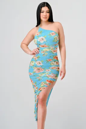 FLORAL MESH RUCHED BODYCON SLITTED MIDI DRESS