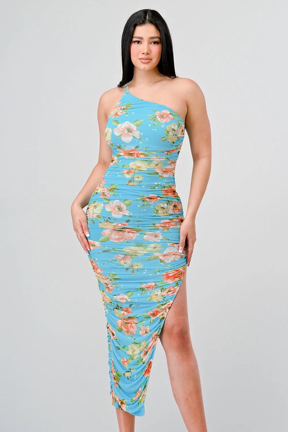 FLORAL MESH RUCHED BODYCON SLITTED MIDI DRESS