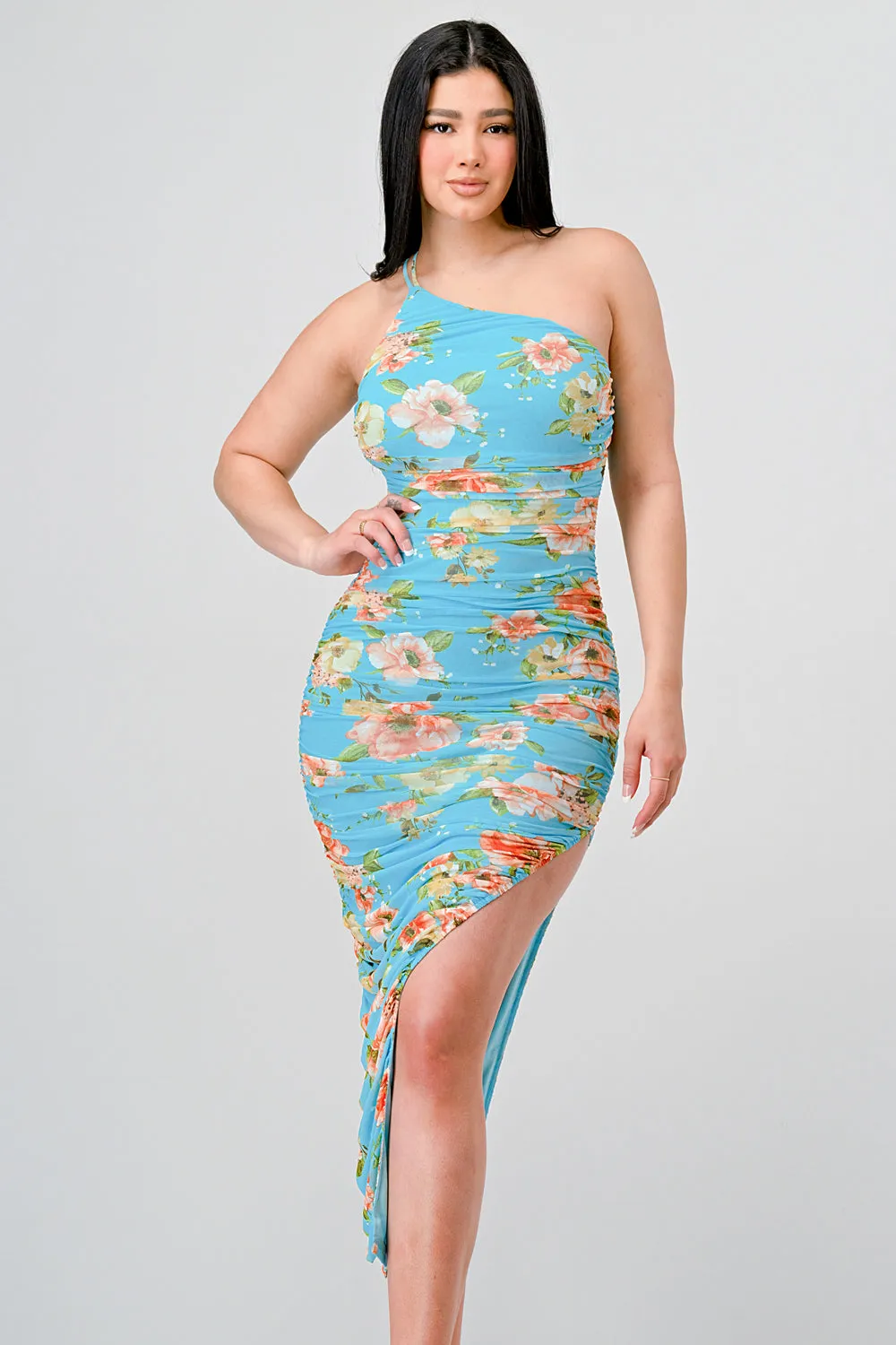 FLORAL MESH RUCHED BODYCON SLITTED MIDI DRESS