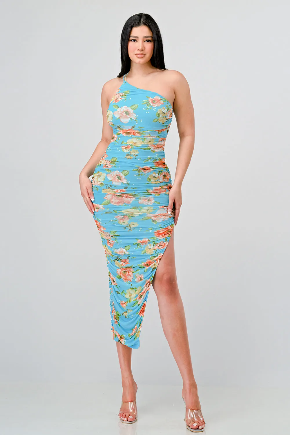 FLORAL MESH RUCHED BODYCON SLITTED MIDI DRESS