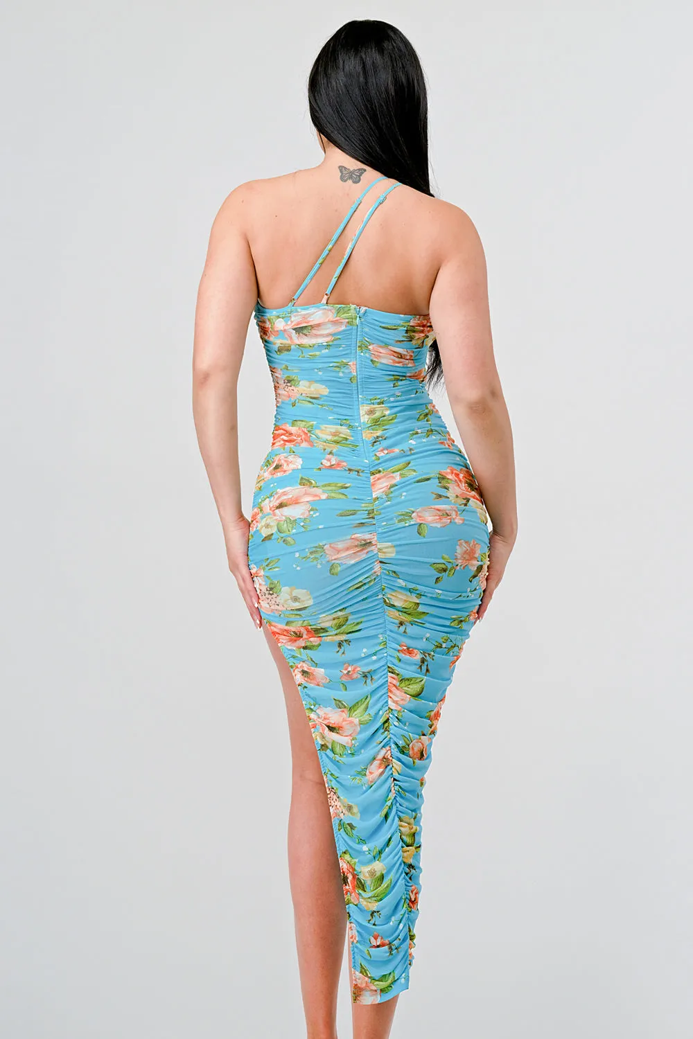 FLORAL MESH RUCHED BODYCON SLITTED MIDI DRESS