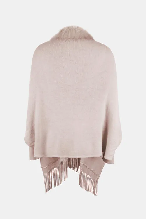 Fringe Open Front Long Sleeve Poncho | Casual Polyester Poncho With Soft Fur