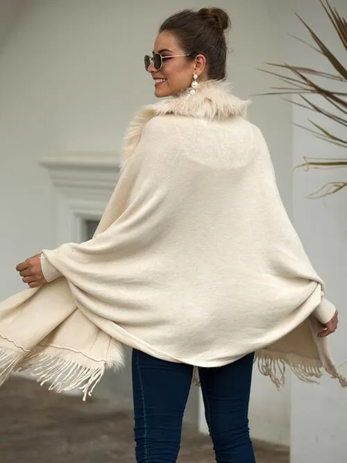 Fringe Open Front Long Sleeve Poncho | Casual Polyester Poncho With Soft Fur