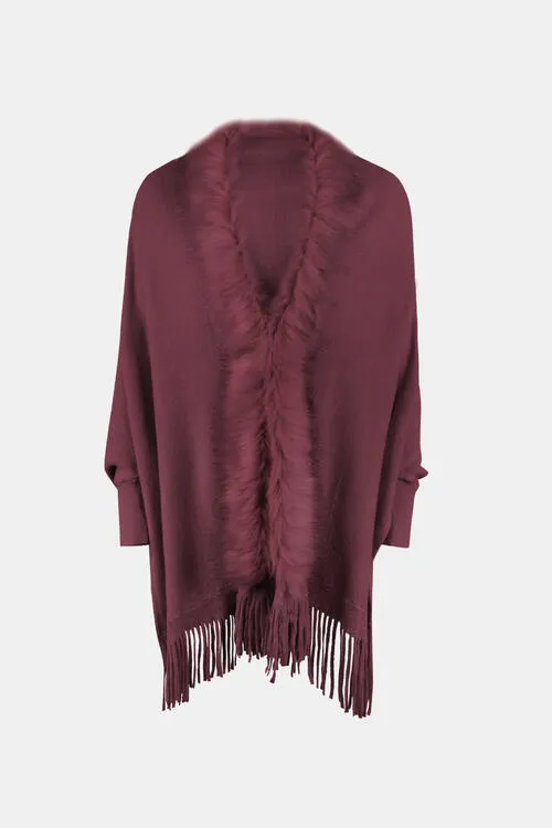Fringe Open Front Long Sleeve Poncho | Casual Polyester Poncho With Soft Fur