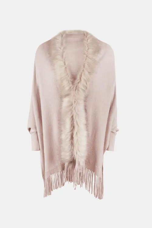 Fringe Open Front Long Sleeve Poncho | Casual Polyester Poncho With Soft Fur