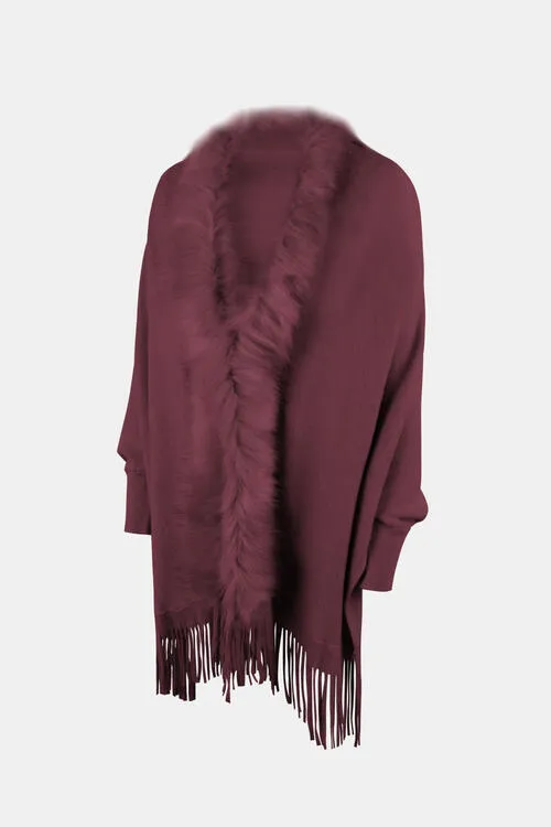Fringe Open Front Long Sleeve Poncho | Casual Polyester Poncho With Soft Fur