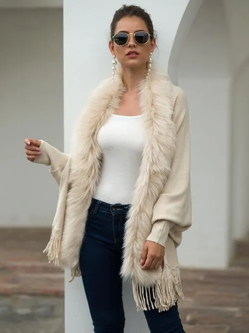 Fringe Open Front Long Sleeve Poncho | Casual Polyester Poncho With Soft Fur