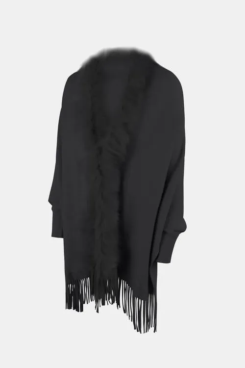 Fringe Open Front Long Sleeve Poncho | Casual Polyester Poncho With Soft Fur