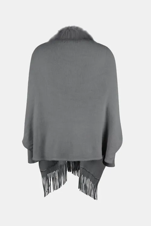 Fringe Open Front Long Sleeve Poncho | Casual Polyester Poncho With Soft Fur