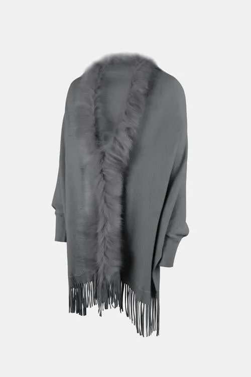 Fringe Open Front Long Sleeve Poncho | Casual Polyester Poncho With Soft Fur