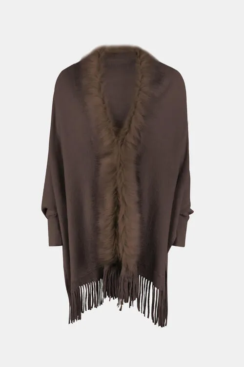 Fringe Open Front Long Sleeve Poncho | Casual Polyester Poncho With Soft Fur