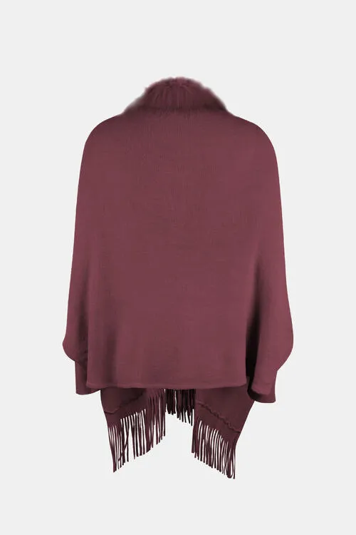Fringe Open Front Long Sleeve Poncho | Casual Polyester Poncho With Soft Fur