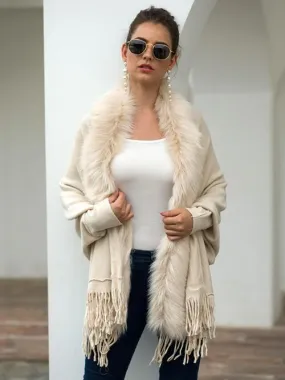 Fringe Open Front Long Sleeve Poncho | Casual Polyester Poncho With Soft Fur