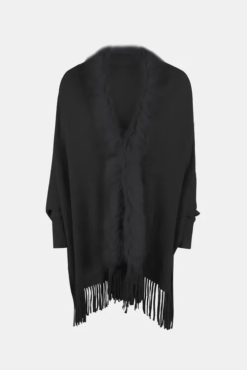 Fringe Open Front Long Sleeve Poncho | Casual Polyester Poncho With Soft Fur