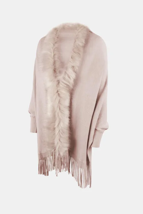 Fringe Open Front Long Sleeve Poncho | Casual Polyester Poncho With Soft Fur
