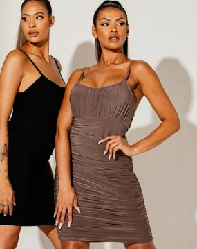 Gathered Slinky Cami Dress - Brown