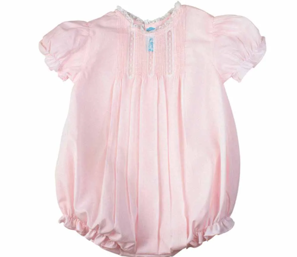 Girls Pink Pintucks & Lace Insert Bubble