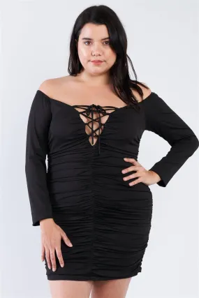 Junior Plus Size Black Off The Shoulder Lace Up Ruched Mini Dress /2-2-2