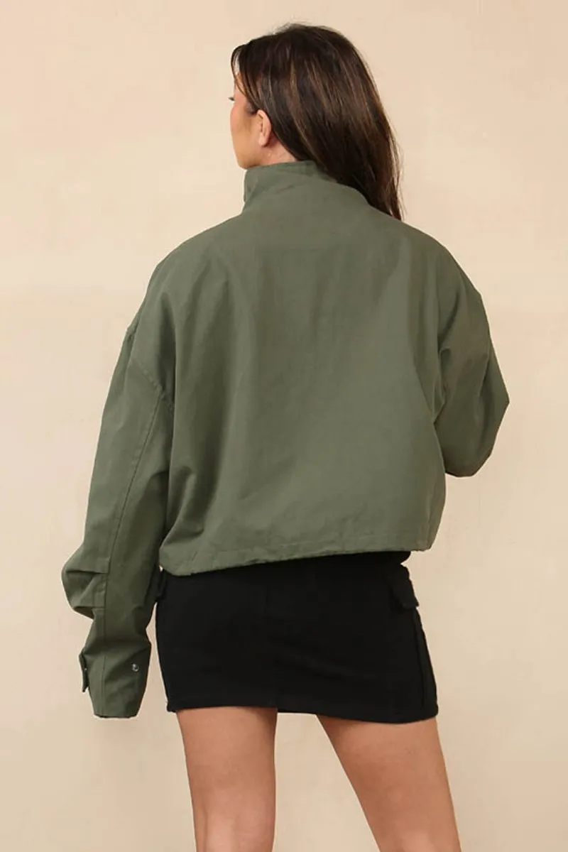 Khaki Vintage Street Stand Collar Flap Pocket Zip-Up Cropped Jacket