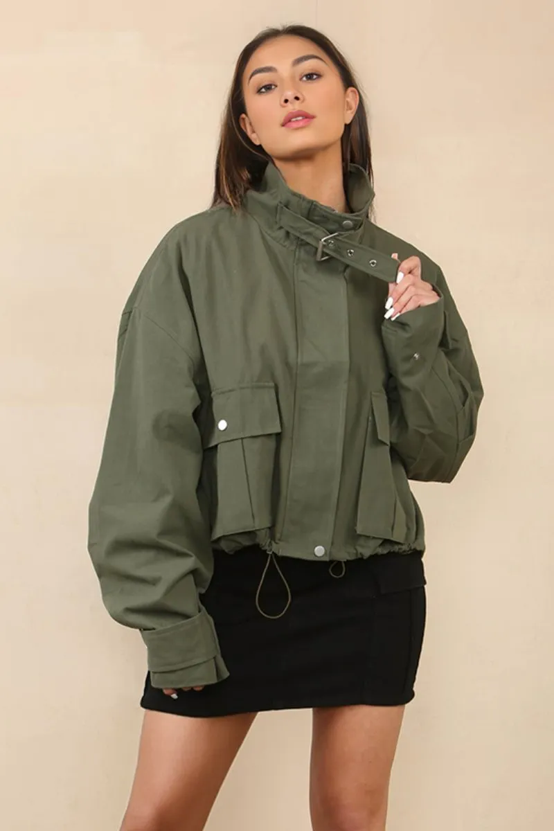 Khaki Vintage Street Stand Collar Flap Pocket Zip-Up Cropped Jacket